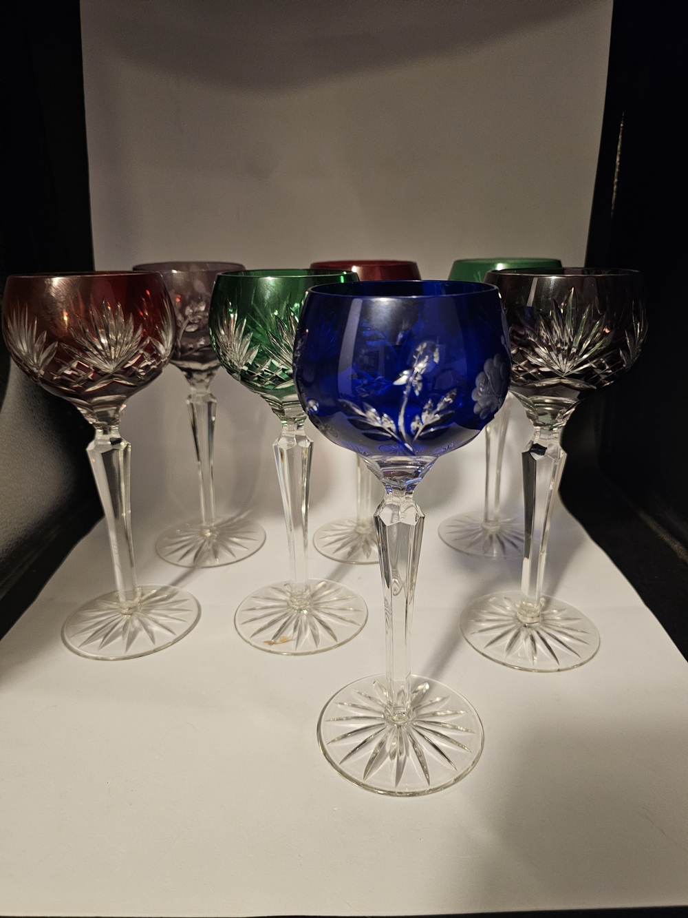 AJKA, Set Of Seven Crystal Cut To Clear Bohemian 8" Wine Glasses